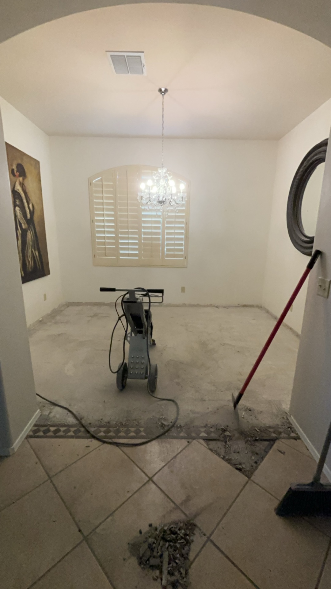 Dining area with old tile removed down to slab