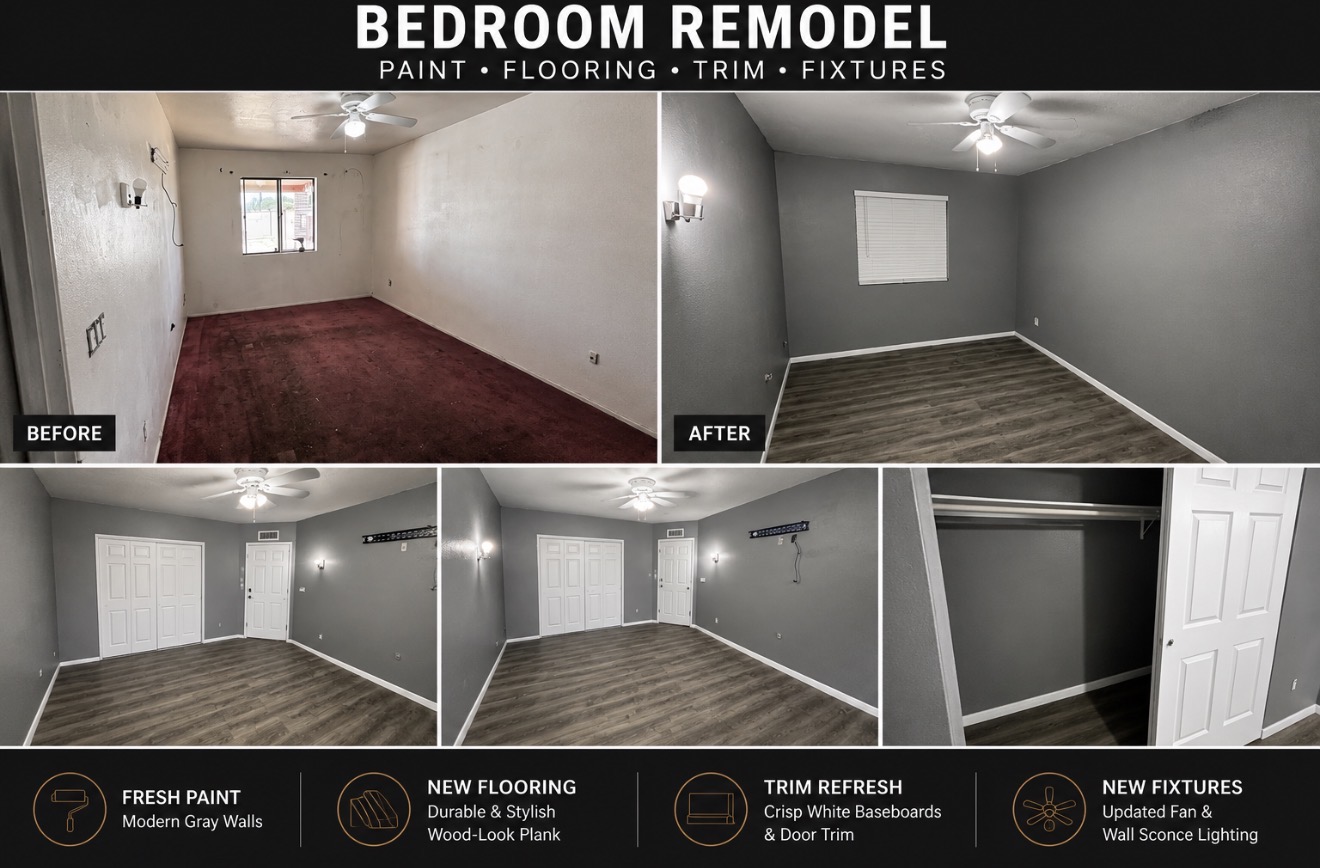 Full bedroom remodel — paint, flooring, trim, fixtures