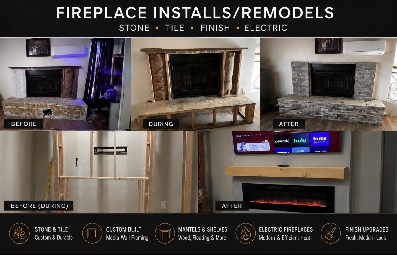 Electric fireplace install and remodel project highlights