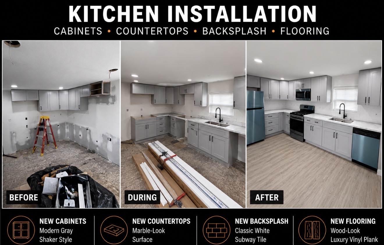 Kitchen installation before, during, and after
